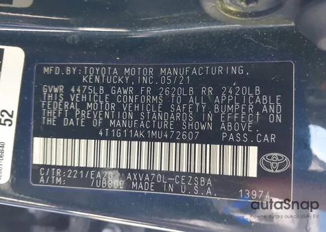 2021 Toyota Camry Se z USA, uszkodzony, nr VIN 4T1G11AK1MU472607